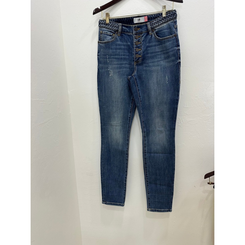 Cabi Jeans Women 6 Blue Skinny Button Fly Braided Waistband Denim Distressed